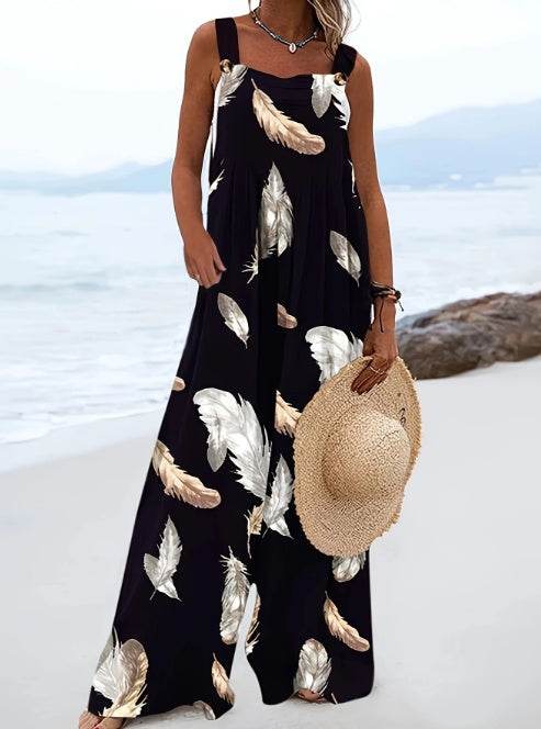 Women's Feather Printed Casual Jumpsuit - Lightweight Summer Style 2025 - Buy Center