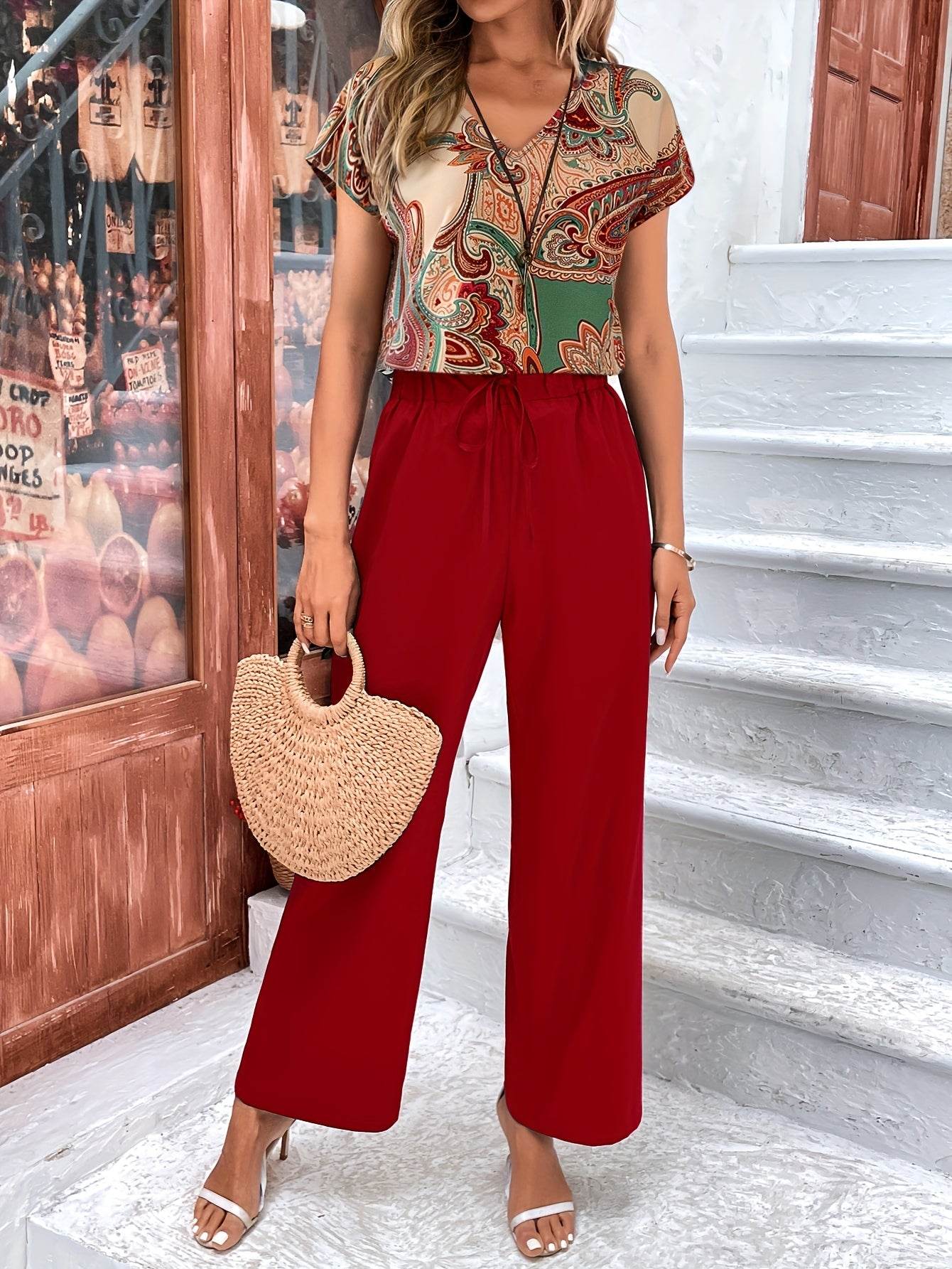 Floral Print Two-Piece Set - V Neck Top & Wide Leg Pants - Buy Center