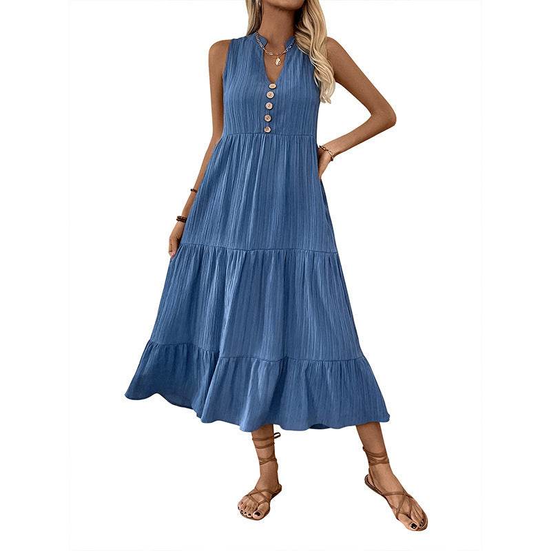 Buycenter Sleeveless Pleated Dress - Elegant A-Line in Solid Blue - Buy Center