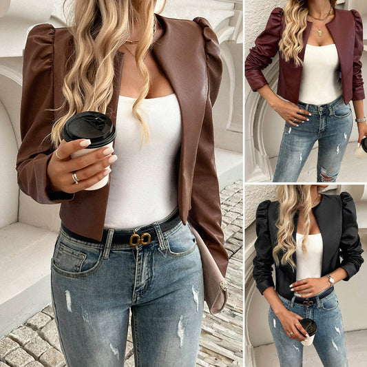 Women's Solid Color Leather Cardigan - Stylish Versatile Coat for All Seasons - Buy Center