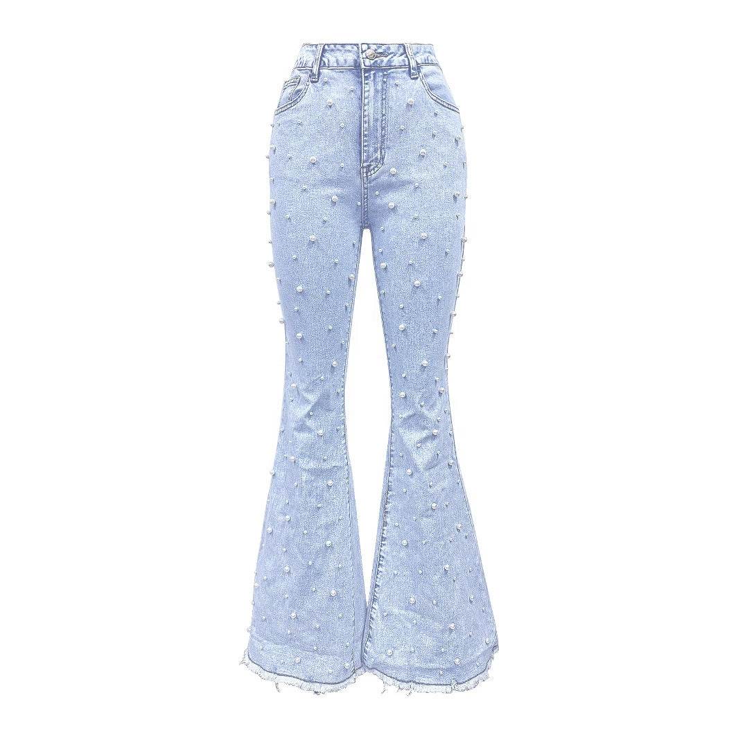 Trendy High Waist Pearl Jeans - Stretch Denim for Modern Women - Buy Center