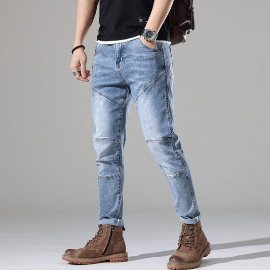Men's Elastic Stitching Embroidered Jeans - Light Blue Denim Style - Buy Center