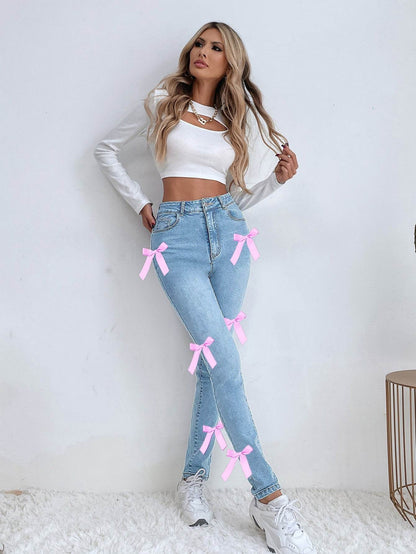 Buycenter Women's Bow Stretch Jeans - Comfortable Denim Leggings in Blue - Buy Center