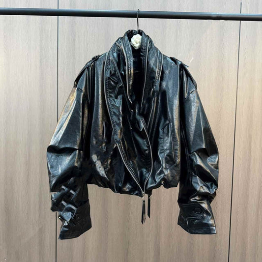 Buy Center Cuffed Collar PU Leather Jacket - Warm Cotton Padded for Winter - Buy Center