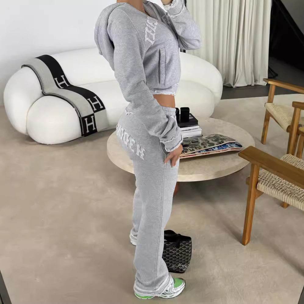 Buycenter Casual Cropped Hoodie Trousers Suit - Light Gray Street Style - Buy Center