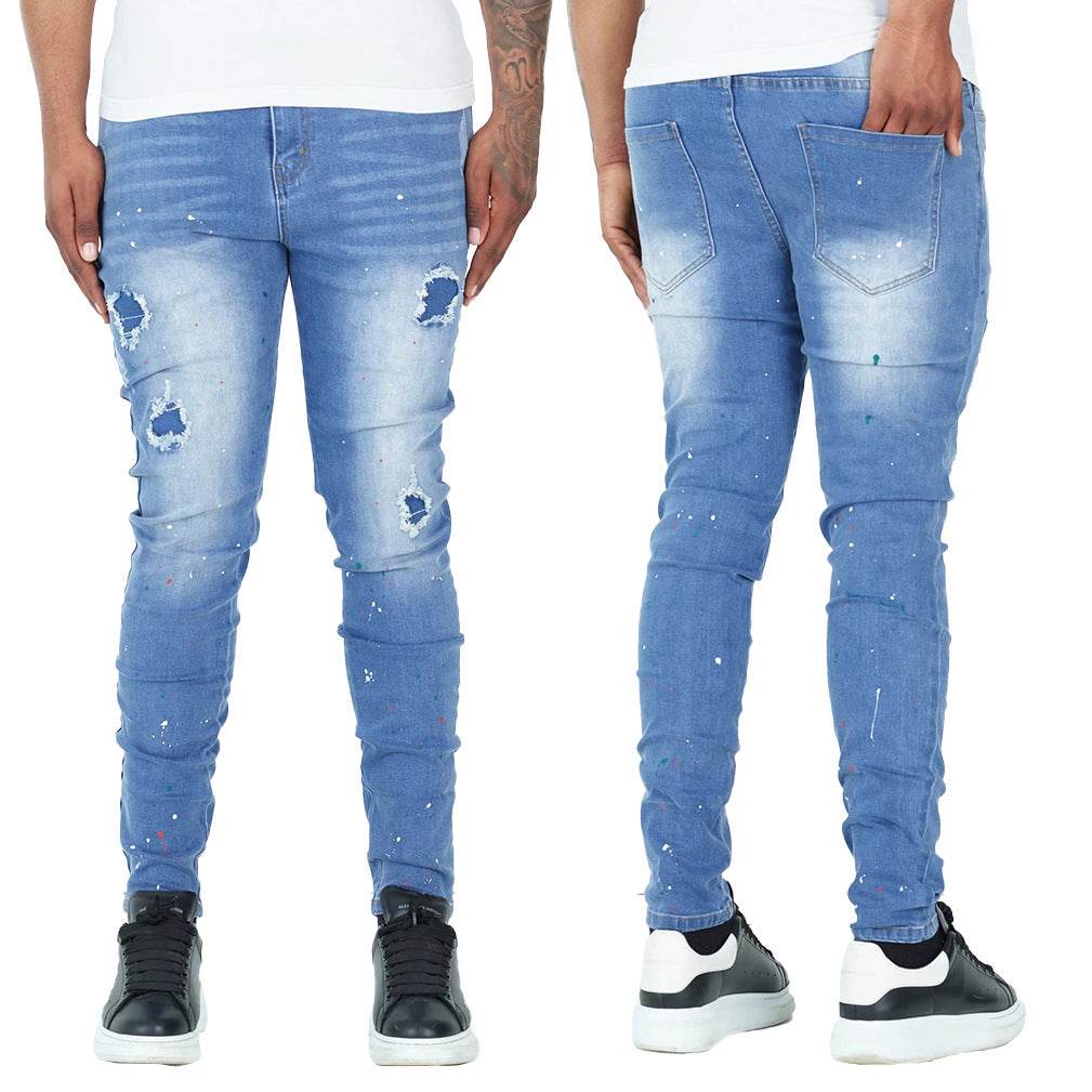 Trendy Splash-Ink Skinny Men's Jeans - Light Blue Low Waist Style - Buy Center