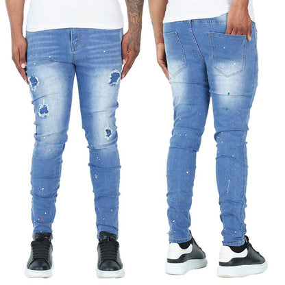 Trendy Splash-Ink Skinny Men's Jeans - Light Blue Low Waist Style - Buy Center