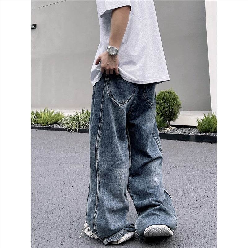 Men's Vintage Wash Wave Jeans - Stylish Blue Leisure Pants in Various Sizes - Buy Center