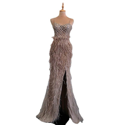 Feather Slim-Fit Evening Dress - Elegant Formal Wear for Parties & Banquets - Buy Center