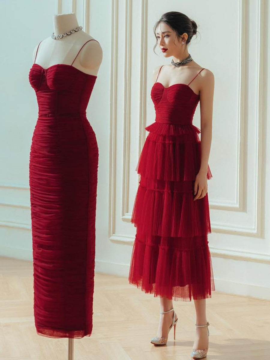 Buycenter Dark Red Evening Dress - Flowing Long Skirt for Elegant Occasions - Buy Center