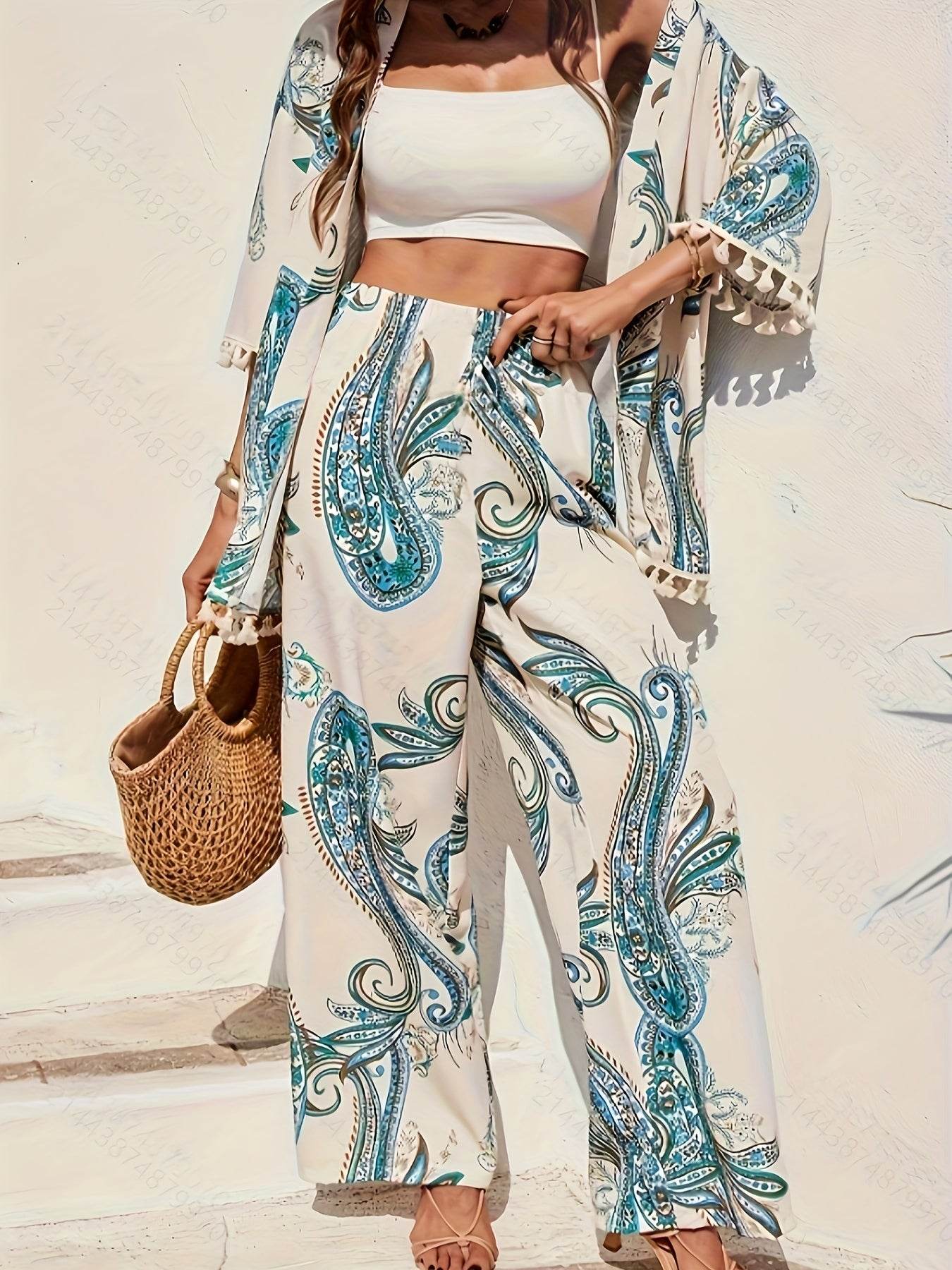 YY0208118 Women's Peacock Print Kimono & Loose Pants Set - Elegant Style - Buy Center
