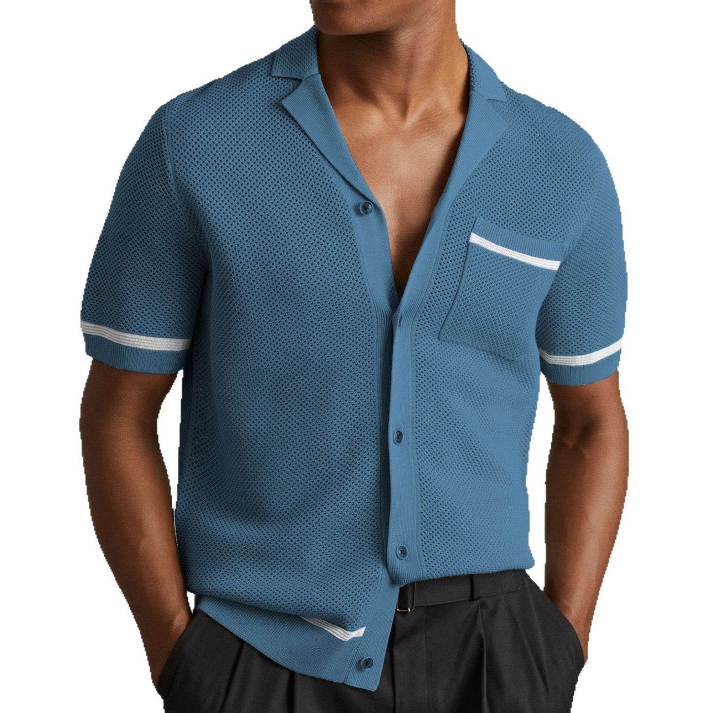 Men's Summer Cuban Collar Polo Shirt - Lightweight Knitwear in Gray, Green, Blue - Buy Center