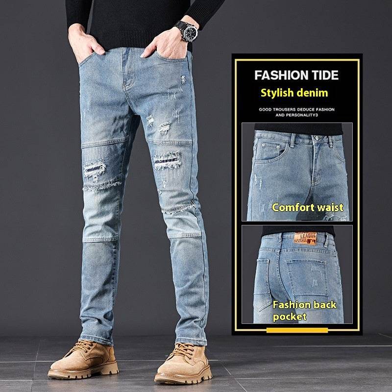 High-End Blue Holes Jeans for Men - Straight Leg Design, Micro Elasticity - Buy Center