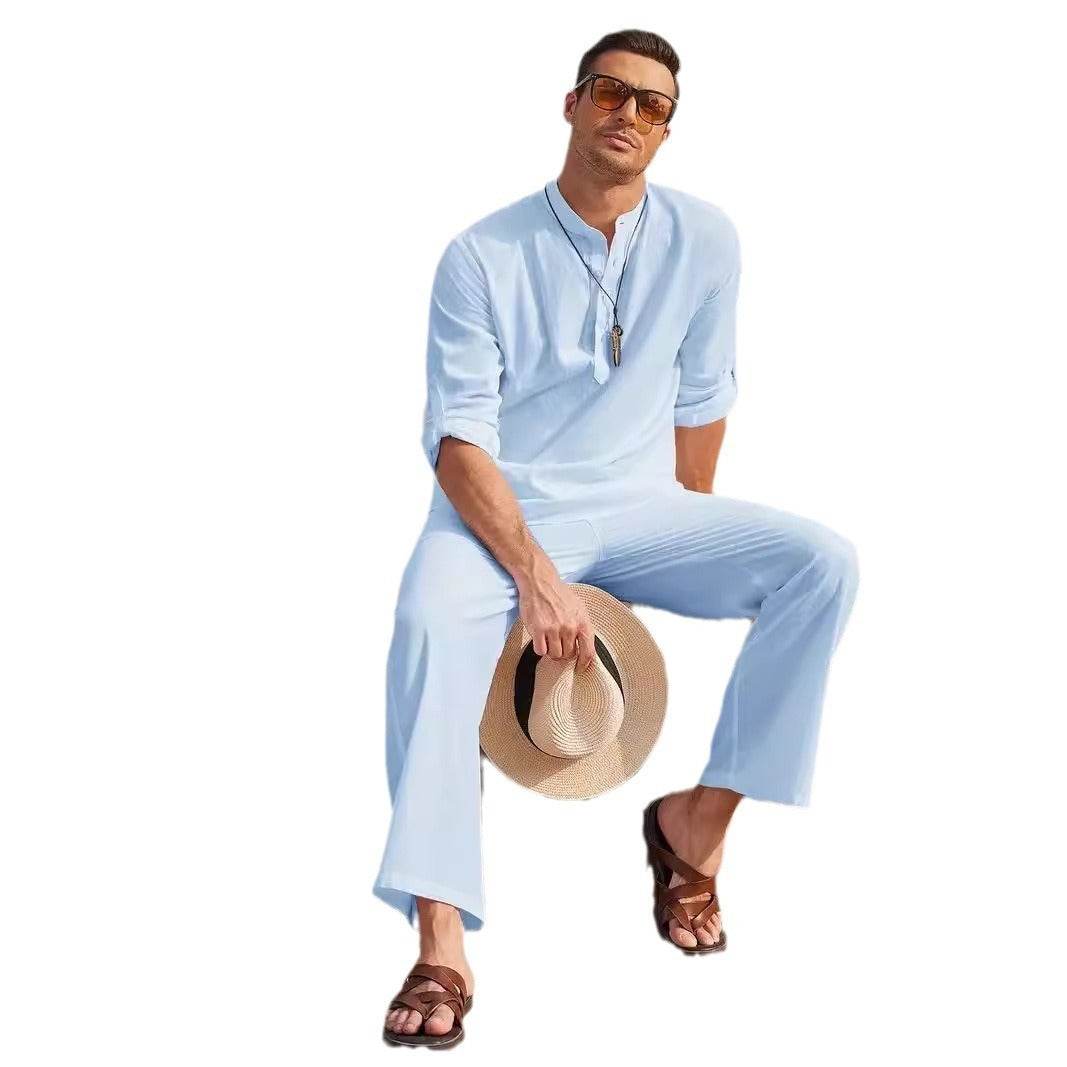 Buycenter Casual Cotton Linen Blouse & Trousers Suit - Long Sleeve - Buy Center