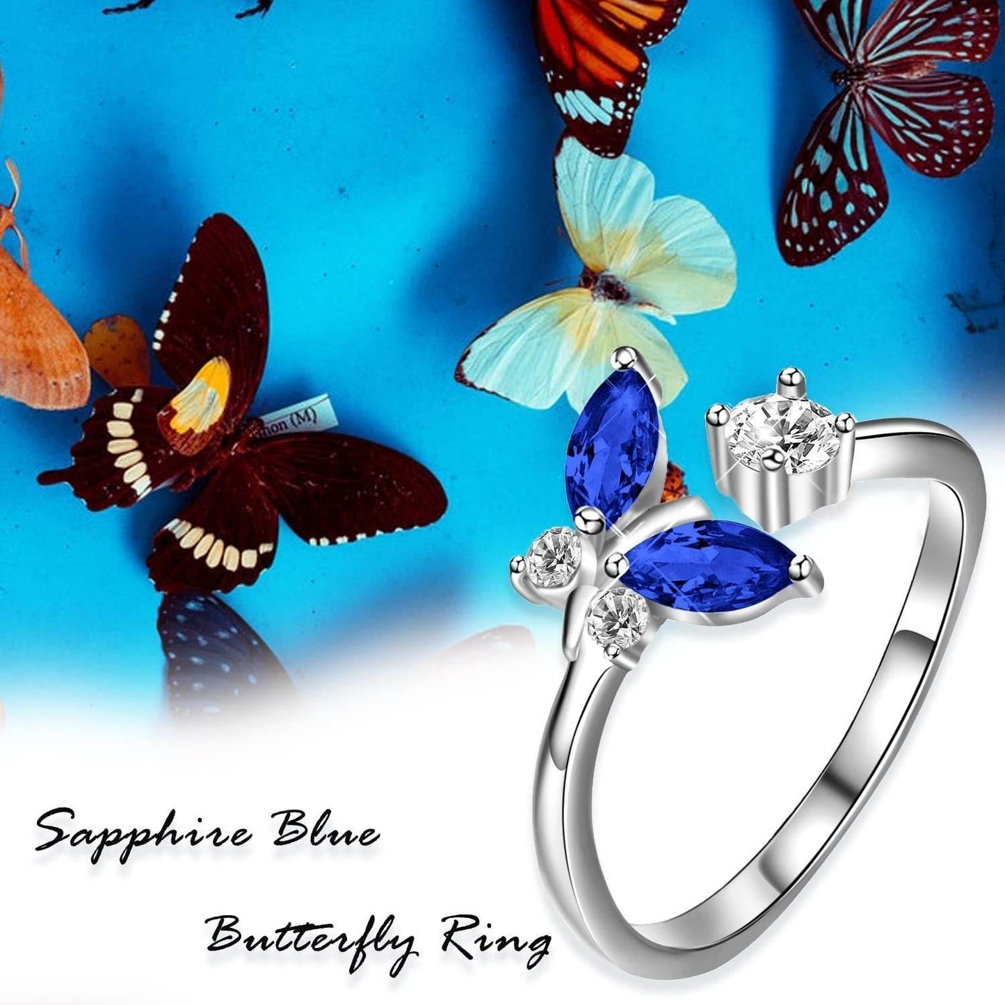 925 Sterling Silver Butterfly Ring - Sapphire Blue Crystal Elegance - Buy Center