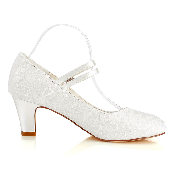 Elegant Womens Lace Wedding Pumps with Chunky Heel Ankle Strap  Buckle Detail  White Satin Evening Dress Shoes for Formal Occasions