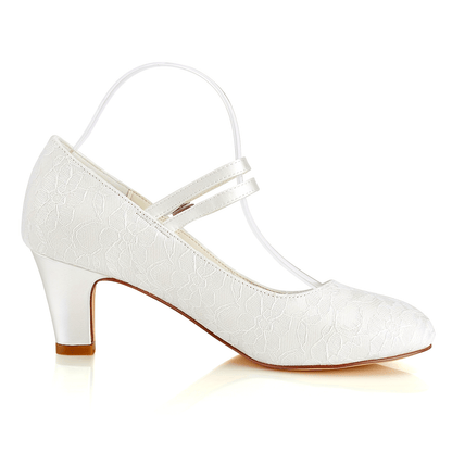 Elegant Womens Lace Wedding Pumps with Chunky Heel Ankle Strap  Buckle Detail  White Satin Evening Dress Shoes for Formal Occasions