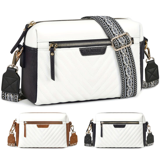 RAINSMORE Crossbody Bag For Women Small Vegan Crossbody Purse Trendy Quilted Shoulder Purses With Adjustable Guitar Strap Ladies Handbags For Travel Shopping Work