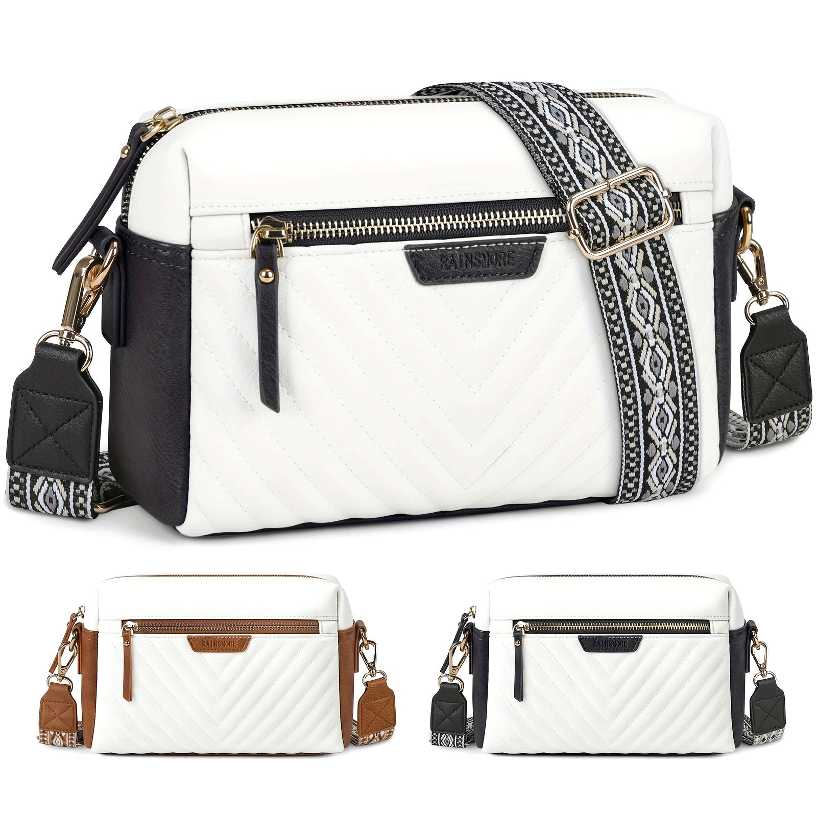 RAINSMORE Crossbody Bag For Women Small Vegan Crossbody Purse Trendy Quilted Shoulder Purses With Adjustable Guitar Strap Ladies Handbags For Travel Shopping Work